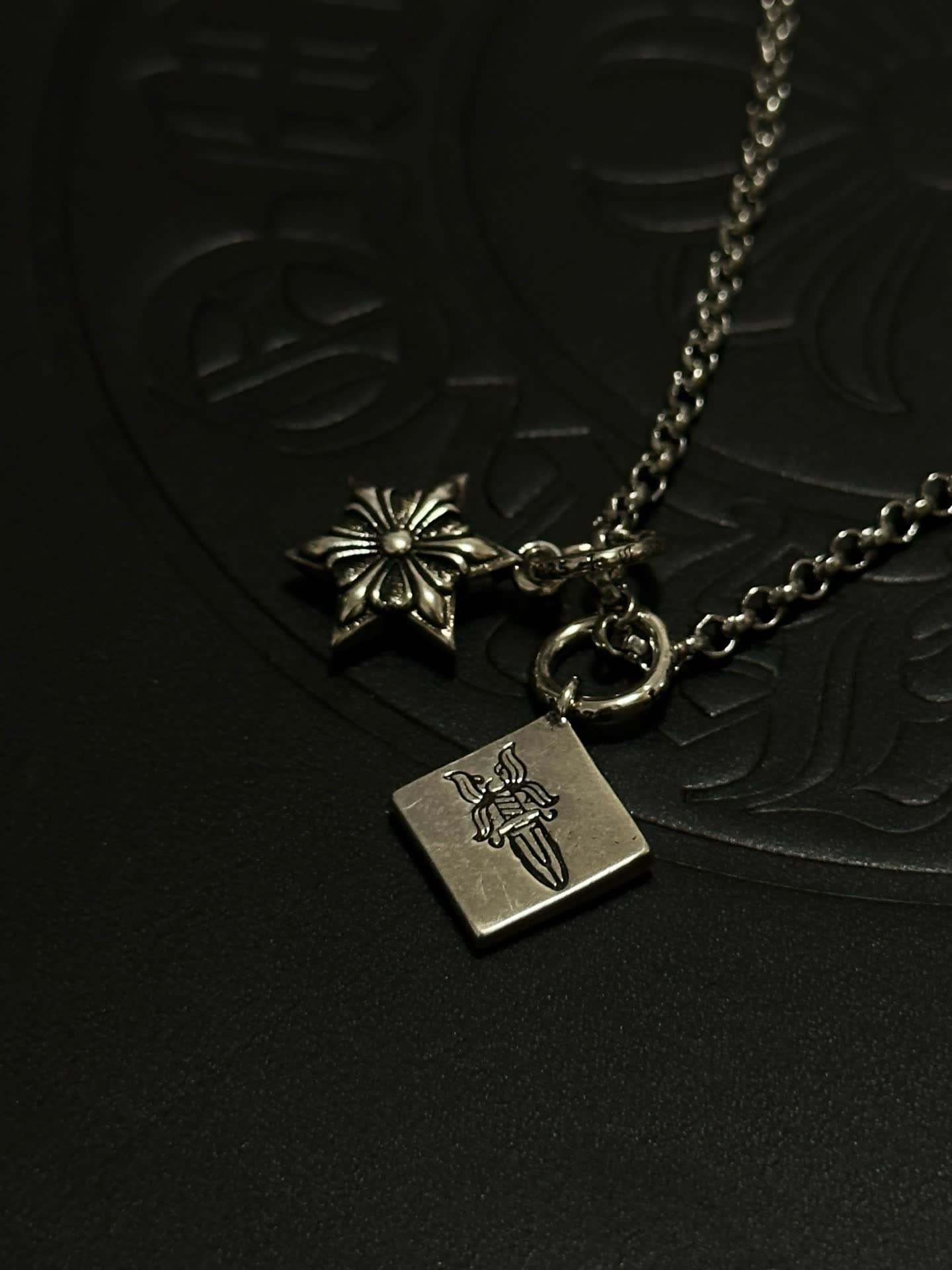 Chrome Hearts Silver Star and Square Charm Necklace